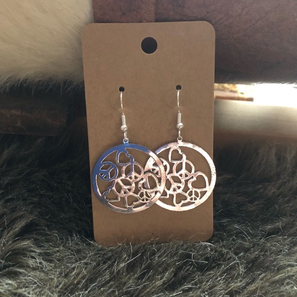 Hand crafted heart and peace sign silver dangle earrings